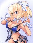  1girl altrene bikini bikini_top_pull black_bikini blonde_hair blue_bikini blue_eyes breasts busou_shinki cleavage doll_joints highleg highleg_bikini highres joints long_hair navel ponytail pulled_by_self ribbon side-tie_bikini_bottom solo swimsuit tan tei-o wrist_ribbon 