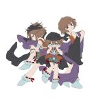  3others :o bandeau black_bandeau black_cape black_eyes blue_eyes bow bow_legwear brown_hair cape clenched_hands dual_persona eye_of_senri flat_color from_side full_body green_bow green_shorts hand_on_own_knee hands_on_own_cheeks hands_on_own_face highres holding holding_cape holding_clothes holding_scarf jacket kuzu_suzumi leg_up len&#039;en looking_at_another looking_at_viewer messy_hair multiple_others mxx33 open_clothes open_jacket open_mouth orange_jacket outstretched_hand parted_lips red_eyes removing_cape ribbon-trimmed_shorts ribbon-trimmed_socks ribbon_trim scarf shirt short_hair shorts simple_background sleeveless sleeveless_jacket smile socks turban white_background white_shirt white_socks 