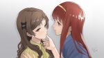  2girls averting_eyes bow brown_hair center_frills frills hair_bow hand_on_another&#039;s_chin hand_on_another&#039;s_shoulder idolmaster idolmaster_million_live! kitazawa_shiho light_smile looking_at_another multiple_girls parted_lips red_eyes tanaka_kotoha upper_body yoropa yuri 