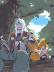  2boys blonde_hair blue_sky child cloud cloudy_sky commentary facial_mark fingerless_gloves forehead_protector gloves highres japanese_clothes jiraiya_(naruto) long_hair looking_at_another male_child male_focus multiple_boys naruto_(series) open_mouth outdoors scroll short_hair sky sleeping smile spiked_hair tanaka_(tanakya123) teeth uzumaki_naruto whisker_markings white_hair 
