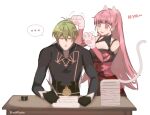  1boy 1girl :3 :d adapted_costume animal_ears animal_hands antenna_hair bare_shoulders black_gloves black_shirt breasts byleth_(fire_emblem) byleth_(male)_(fire_emblem) cat_ears cat_tail cleavage commentary commission detached_sleeves fake_animal_ears feathers fire_emblem fire_emblem:_three_houses gloves green_hair highres hilda_valentine_goneril holding holding_feather juliet_sleeves long_hair long_sleeves medium_breasts open_mouth paper paper_stack paw_gloves pink_eyes pink_hair pomme_(lazzledazzle) ponytail puffy_sleeves second-party_source shirt short_hair simple_background smile tail very_long_hair white_background 