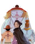  4boys androgynous back_tattoo birthday black_hair character_request cherry_blossoms edward_newgate facing_viewer from_behind hat height_difference highres izou_(one_piece) k164 long_hair male_focus multiple_boys one_piece petals portgas_d._ace scar scar_on_face scar_on_forehead smile solo_focus tattoo topless_male turning_around walking_away 