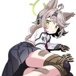  1girl :&lt; ahoge animal_ears arm_support bandaid bandaid_on_leg bike_shorts black_skirt blue_archive blurry blurry_background blush_stickers braid brown_gloves brown_hair feet_out_of_frame foreshortening fox_ears gloves green_eyes half-closed_eyes halo headset knee_pads komipe512 long_hair long_sleeves looking_at_viewer midriff_peek neckerchief otogi_(blue_archive) pleated_skirt raised_eyebrow red_neckerchief school_uniform serafuku shirt skirt solo upskirt white_armband white_background white_shirt 