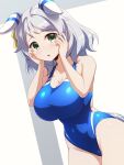  1girl :o alternate_costume animal_ears aqua_eyes backless_swimsuit blue_one-piece_swimsuit breasts chestnut_mouth cleavage collarbone competition_swimsuit covered_navel cowboy_shot dutch_angle ear_covers ear_ornament ear_ribbon ears_down from_side grey_hair groin hands_on_own_cheeks hands_on_own_face hands_up highleg highleg_swimsuit highres hishi_miracle_(umamusume) horse_ears horse_girl horse_tail large_breasts light_blush looking_at_viewer medium_hair one-piece_swimsuit parted_lips pataneet ribbon simple_background solo standing swimsuit tail umamusume wavy_hair white_background yellow_ribbon 