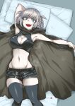  1girl aoi_manabu armpits bed black_shorts blue_eyes blunt_bangs breasts cleavage cleavage_cutout cloak clothing_cutout crop_top fang grey_hair hair_rings looking_at_viewer lying medium_breasts medium_hair nanakusa_nazuna_(yofukashi_no_uta) navel on_back on_bed open_mouth pillow ringed_eyes shorts sleeveless solo stomach sweat thighhighs vampire yofukashi_no_uta 