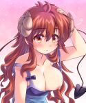  1girl blue_dress blush breast_slip breasts closed_mouth collarbone commentary_request curled_horns demon_girl demon_horns demon_tail dress galleon-joe gradient_background hand_on_own_head horns long_hair looking_at_viewer machikado_mazoku nipples one_breast_out pink_background red_eyes red_hair sleeveless sleeveless_dress solo tail yoshida_yuuko_(machikado_mazoku) 