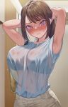  1girl armpits arms_up bare_arms blurry blurry_background bra_visible_through_clothes breasts brown_hair collarbone covered_navel ginyanagi grey_pants highres indoors large_breasts looking_at_viewer original pants purple_eyes see-through shirt sleeveless sleeveless_shirt solo teeth wet wet_clothes wet_shirt white_shirt 
