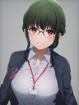  absurdres anosillus_ii black_jacket blush breasts button_gap glasses green_hair grey_background gridman_universe highres id_card jacket lanyard large_breasts long_sleeves looking_at_viewer noshimurin red_eyes shirt short_hair_with_long_locks smile ssss.dynazenon white_shirt 
