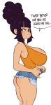  1girl ass beehive_hairdo black_eyes breasts command_grab_(nuclear_wasabi) denim denim_shorts english_text from_side highres huge_ass large_breasts looking_at_viewer non-web_source nuclear_wasabi open_fly original purple_hair shorts simple_background solo speech_bubble tank_top thighs twitch.tv unbuttoned undressing white_background 