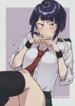  1girl artist_name audio_jack black_hair black_socks boku_no_hero_academia chibi_228 collared_shirt commentary commentary_request crossed_fingers epaulettes green_skirt highres jirou_kyouka looking_at_viewer necktie purple_eyes red_necktie school_uniform shirt short_hair simple_background skirt socks solo u.a._school_uniform watermark white_shirt wristband 