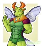  2023 4_fingers alexmauro407 anthro anthrofied antlers arthropod blush changeling eyebrows fingers friendship_is_magic fur gesture green_body green_fur hasbro horn insect_wings low_res male muscular muscular_anthro muscular_male my_little_pony purple_tail purple_wings signature solo spread_wings standing tail thorax_(mlp) waving wings 