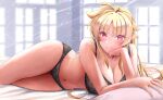  bare_shoulders black_bra black_panties blonde_hair bra breasts closed_mouth commentary fate_testarossa indoors large_breasts lingerie long_hair looking_at_viewer lying lyrical_nanoha mahou_shoujo_lyrical_nanoha navel on_bed on_side panties pillow red_eyes smile sougetsu_izuki underwear underwear_only window 