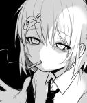  1girl black_background cigarette collared_shirt expressionless greyscale hair_ornament half-closed_eyes hand_up looking_at_viewer monochrome mouth_hold necktie ompf original portrait rabbit_hair_ornament shirt short_hair simple_background smoking solo 