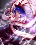  1girl black_headwear black_skirt capelet collared_shirt electricity frilled_capelet frilled_skirt frills givuchoko hagoromo hat hat_ribbon looking_at_viewer nagae_iku open_mouth purple_hair red_eyes red_ribbon ribbon shawl shirt short_hair skirt smile solo touhou white_capelet white_shirt 