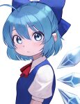  1girl ahoge blue_bow blue_dress blue_eyes blue_hair blush bow cirno dress highres ice ice_wings looking_at_viewer shimizu_tomoki short_hair simple_background solo touhou white_background wings 