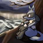  2023 advos ambiguous_gender anthro cloud fur generation_4_pokemon lucario meme nintendo outside painterly plant pokemon pokemon_(species) reaction_image shadow signature sitting solo spikes spikes_(anatomy) tree tuft 