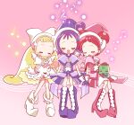  3girls blonde_hair boots bottle_(x890264) closed_eyes commentary_request dodo_(ojamajo_doremi) double_bun dress earrings elephant fairy gloves hair_bun harukaze_doremi hat high_heels jewelry knee_boots long_hair low_twintails magical_girl majorika makihatayama_hana multiple_girls musical_note ojamajo_doremi one_side_up open_mouth pao-chan pink_dress pink_footwear pink_gloves pink_headwear pointy_footwear puffy_short_sleeves puffy_sleeves purple_dress purple_footwear purple_gloves purple_hair purple_headwear red_hair segawa_onpu short_hair short_sleeves sitting sleeping smile twintails very_long_hair white_dress white_footwear white_gloves white_headwear white_wings wing_hair_ornament wings witch_hat 