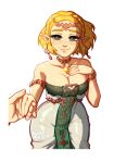  1girl armlet artist_name bare_shoulders blush blushyspicy braid breasts cleavage collarbone cropped_legs crown_braid earrings green_eyes holding_hands jewelry large_breasts looking_at_viewer pointy_ears princess_zelda short_hair smile solo_focus the_legend_of_zelda the_legend_of_zelda:_tears_of_the_kingdom transparent_background 