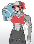  1girl abs bag bigmsaxon cyborg hat highres looking_at_viewer muscular muscular_female original prosthesis prosthetic_arm red_eyes red_hair simple_background tank_top white_background 