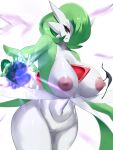  2023 areola big_breasts breasts clothing digital_media_(artwork) female gardevoir generation_3_pokemon genitals green_hair hair hair_over_eye hi_res humanoid ineffective_clothing legwear nintendo nipples non-mammal_nipples not_furry one_eye_obstructed pink_areola pokemon pokemon_(species) pussy red_eyes sana!rpg solo 