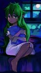  2016 5_fingers 5_toes bed bedding blanket detailed_background elf extyrannomon_(artist) feet female fingers furniture green_eyes green_hair hair hi_res humanoid humanoid_pointy_ears looking_at_viewer moon nightgown pillow pillow_hug plant solo straviios teary_eyes toes tree window 