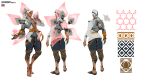  1boy abs absurdres barefoot character_name concept_art dark_skin english_text feet flower full_body highres incredibly_absurdres jacket lifeweaver_(overwatch) long_hair long_sleeves official_art open_clothes open_hand open_jacket overwatch overwatch_2 pectorals pink_flower raised_eyebrows standing thai_flag toes white_background white_hair white_sleeves 