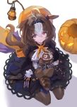  1girl :3 @_@ absurdres ahoge animal_ears breasts closed_mouth commentary delfin59 hair_between_eyes hair_ornament halloween hat headband highres horse_ears jack-o&#039;-lantern lantern large_breasts medium_hair meisho_doto_(dot-o&#039;-lantern)_(umamusume) meisho_doto_(umamusume) multicolored_hair official_alternate_costume pantyhose pumpkin purple_eyes raccoon sitting solo streaked_hair umamusume wariza white_background white_hair 