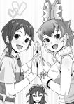  3girls animal_ears blush booth_tomato dhole_(kemono_friends) extra_ears gloves greyscale highres kako_(kemono_friends) kemono_friends long_hair looking_at_viewer monochrome multicolored_hair multiple_girls open_mouth original short_hair smile 