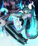  1girl aqua_hair black_thighhighs detached_sleeves floating ghost ghost_miku_(project_voltage) glitch gradient_hair grey_shirt hair_between_eyes hatsune_miku highres long_hair mismagius multicolored_hair nanonano0807 necktie pokemon pokemon_(creature) project_voltage see-through see-through_skirt shirt skirt thighhighs twintails very_long_hair vocaloid will-o&#039;-the-wisp_(mythology) yellow_eyes 