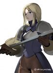  1girl agrias_oaks akisa_yositake armor blonde_hair blue_eyes braid braided_ponytail breastplate brown_gloves final_fantasy final_fantasy_tactics gloves highres holding holding_sword holding_weapon knight long_hair looking_to_the_side shoulder_armor simple_background single_braid sword weapon white_background 