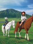  2girls absurdres ahoge artist_request asticassia_school_uniform blue_sky copyright cowboy_hat grass gundam gundam_suisei_no_majo hat highres horse horseback_riding landscape miorine_rembran mountain multiple_girls necktie nervous official_art open_mouth outdoors pantyhose photo_background red_hair red_necktie riding saddle school_uniform shadow sitting_on_animal sky suletta_mercury white_hair yellow_necktie 