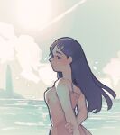  1girl arm_behind_back black_hair blush breasts closed_mouth cloud cloudy_sky from_side hair_ornament hairclip holding_own_arm lighthouse long_hair looking_at_viewer medium_breasts mizuki_hamasaki ocean seaside sky solo world_of_horror xqxbi 