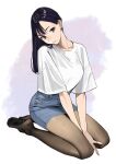  1girl black_hair breasts closed_mouth denim denim_shorts denim_skirt earrings full_body highres jewelry kneeling long_hair looking_at_viewer mole mole_under_mouth no_shoes original pantyhose short_sleeves shorts skirt smile smirk solo white_hair yomu_(sgt_epper) 