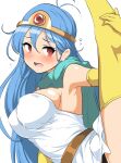  1girl black_panties blue_hair breasts dragon_quest dragon_quest_iii dress elbow_gloves flying_sweatdrops gloves highres large_breasts long_hair momio panties pantyshot red_eyes sage_(dq3) simple_background solo split spread_legs thighhighs tiara underwear white_background white_dress yellow_gloves yellow_thighhighs 