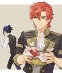  2boys basket black_pants blue_hair blush brown_eyes closed_mouth felix_hugo_fraldarius fire_emblem fire_emblem:_three_houses garreg_mach_monastery_uniform hair_between_eyes holding isa_(peien516) long_sleeves male_focus multiple_boys pants red_hair shirt simple_background sylvain_jose_gautier upper_body weapon white_shirt 