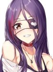  1girl alternate_hairstyle bare_shoulders black_camisole blush breasts brown_eyes camisole choker cleavage collarbone dot_nose eyepatch grin hair_between_eyes hayasaka_mirei idolmaster idolmaster_cinderella_girls idolmaster_cinderella_girls_starlight_stage jewelry long_hair looking_at_viewer multicolored_hair necklace off-shoulder_shirt off_shoulder purple_hair red_choker red_hair shirt simple_background small_breasts smile solo spoonkoros streaked_hair upper_body white_background white_shirt 
