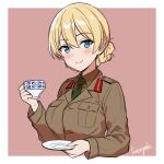  1girl alternate_costume blonde_hair blue_eyes blush border braid breast_pocket breasts brown_jacket brown_shirt clothing_request collared_shirt cropped_torso cup darjeeling_(girls_und_panzer) french_braid girls_und_panzer green_necktie hair_between_eyes jacket kotorigaka large_breasts looking_at_viewer military_uniform mixed-language_commentary necktie outside_border pink_background pocket saucer shirt short_hair signature smile solo teacup uniform upper_body white_border 