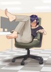  1girl a-chan_(hololive) absurdres aiharararara barefoot blue_bow blush bow chair collarbone computer english_commentary feet feet_up full_body glasses grey_hair grey_pants hair_bow highres hololive indoors knees_together_feet_apart leaning_back leg_up looking_at_viewer medium_hair mixed-language_commentary monitor office_chair office_lady on_chair pants purple_hair purple_shirt shadow shirt short_sleeves signature sitting soles solo swept_bangs swivel_chair tile_floor tiles toes virtual_youtuber 