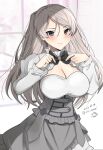  1girl adjusting_clothes adjusting_necktie armpit_cutout black_ribbon blush breasts brown_eyes cleavage cleavage_cutout clothing_cutout conte_di_cavour_(kancolle) corset dated dress frilled_dress frills grey_dress grey_hair highres kantai_collection large_breasts layered_dress long_hair long_sleeves looking_at_viewer neck_ribbon necktie ribbon smile solo toriniku_senshi_chikinman twitter_username two-tone_dress two_side_up white_background white_dress window 
