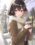  1girl alternate_costume black_eyes black_hair black_skirt blurry blurry_background blush brown_coat coat coffee_cup cup day disposable_cup fringe_trim furaggu_(frag_0416) haguro_(kancolle) hair_ornament highres holding holding_cup kantai_collection long_sleeves open_clothes open_coat open_mouth outdoors scarf shirt short_hair skirt smile solo white_scarf white_shirt 
