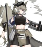  1girl animal_ears arknights ashlock_(arknights) black_shirt black_shorts commentary_request cowboy_shot crop_top grey_eyes grey_hair headgear highres large_tail midriff pelvic_curtain pouch shirt short_hair shorts signal_1120 solo standing stomach tail white_background 