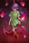  1girl barefoot closed_mouth collarbone fingernails fire full_body green_shirt green_shorts highres horns long_fingernails long_hair looking_at_viewer nail_polish ni_(221) pointy_ears purple_hair purple_horns red_eyes red_nails sharp_fingernails shirt short_sleeves shorts single_horn slit_pupils solo syringe tenkajin_chiyari touhou 