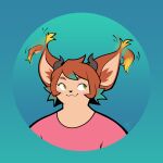  2023 2_horns :3 ailurid ambiguous_gender anthro asian_mythology bangs big_ears blue_background blue_highlights blush cathodegaytube clothing dated dipstick_ears ear_flick ear_tuft east_asian_mythology eyebrows eyelashes felid foo_dog fur green_eyes hair highlights_(coloring) horn hybrid icon inner_ear_fluff japanese_mythology komainu mammal motion_blur motion_lines multicolored_ears mythology nonbinary_(lore) pink_clothing pink_shirt pink_topwear red_body red_fur red_hair red_panda shirt signature simple_background solairi_(onefattycatty) solo tan_body tan_fur tan_inner_ear topwear tuft yellow_body yellow_fur yokai 