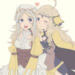  2girls blonde_hair bodystocking circlet commentary_request covered_navel donkuma_kakusei fire_emblem fire_emblem_awakening fire_emblem_fates grandmother_and_granddaughter grey_eyes lissa_(fire_emblem) long_hair looking_at_another multiple_girls one_eye_closed open_mouth ophelia_(fire_emblem) teeth turtleneck upper_body upper_teeth_only 