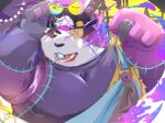  alp_(tas) anthro backwards_baseball_cap backwards_hat baseball_cap bear blush candy clothing dessert food frankenstein_costume fur giant_panda halloween hat headgear headwear hi_res holidays lifewonders lollipop lollipop_in_mouth male mammal okentya overweight purple_body purple_eyes purple_fur solo tokyo_afterschool_summoners tongue yellow_sclera 