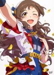  1girl artist_name ayano_yuu_(sonma_1426) blue_shirt blue_skirt brown_eyes brown_hair confetti hand_on_own_chest hat highres idolmaster idolmaster_million_live! idolmaster_million_live!_theater_days jacket kitazawa_shiho long_hair looking_up one_eye_closed open_mouth plaid plaid_jacket reaching shirt short_sleeves simple_background skirt smile solo standing star_(symbol) suspender_skirt suspenders white_background wrist_cuffs 