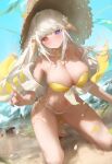 1girl au_ra bare_shoulders beach bikini blue_eyes blue_nails blue_sky blush breasts cleavage closed_mouth commentary commission day dragon_girl dragon_horns final_fantasy final_fantasy_xiv hat heterochromia highres horizon horns kneeling large_breasts long_hair looking_at_viewer metatarou navel off_shoulder red_eyes scales skeb_commission sky smile solo stomach straw_hat swimsuit swimsuit_cover-up warrior_of_light_(ff14) white_hair yellow_bikini 