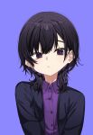  1girl absurdres black_hair black_jacket blue_background closed_mouth collared_shirt dress_shirt hair_between_eyes highres ivan_wang jacket looking_at_viewer open_clothes open_jacket original purple_eyes purple_shirt shirt simple_background solo 