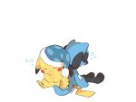  :3 ban_(ban62460424) commentary english_commentary hat leaning_on_person no_humans pikachu pokemon pokemon_(creature) riolu simple_background sleeping white_background 