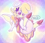  absurd_res angel anthro blush bovid caprine cherub clean_diaper clothed clothing diaper digital_media_(artwork) female fur hair halo helluva_boss hi_res keenie_(helluva_boss) mammal plinkiepoi sheep simple_background smile solo wearing_diaper wings 